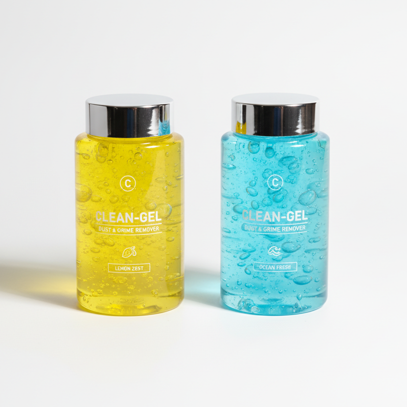 Please compile a professional image of the yellow and light blue dirt-cleaning gels into one picture.