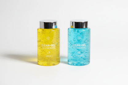 Please compile a professional image of the yellow and light blue dirt-cleaning gels into one picture.