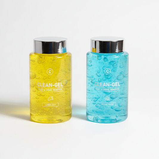 Please compile a professional image of the yellow and light blue dirt-cleaning gels into one picture.